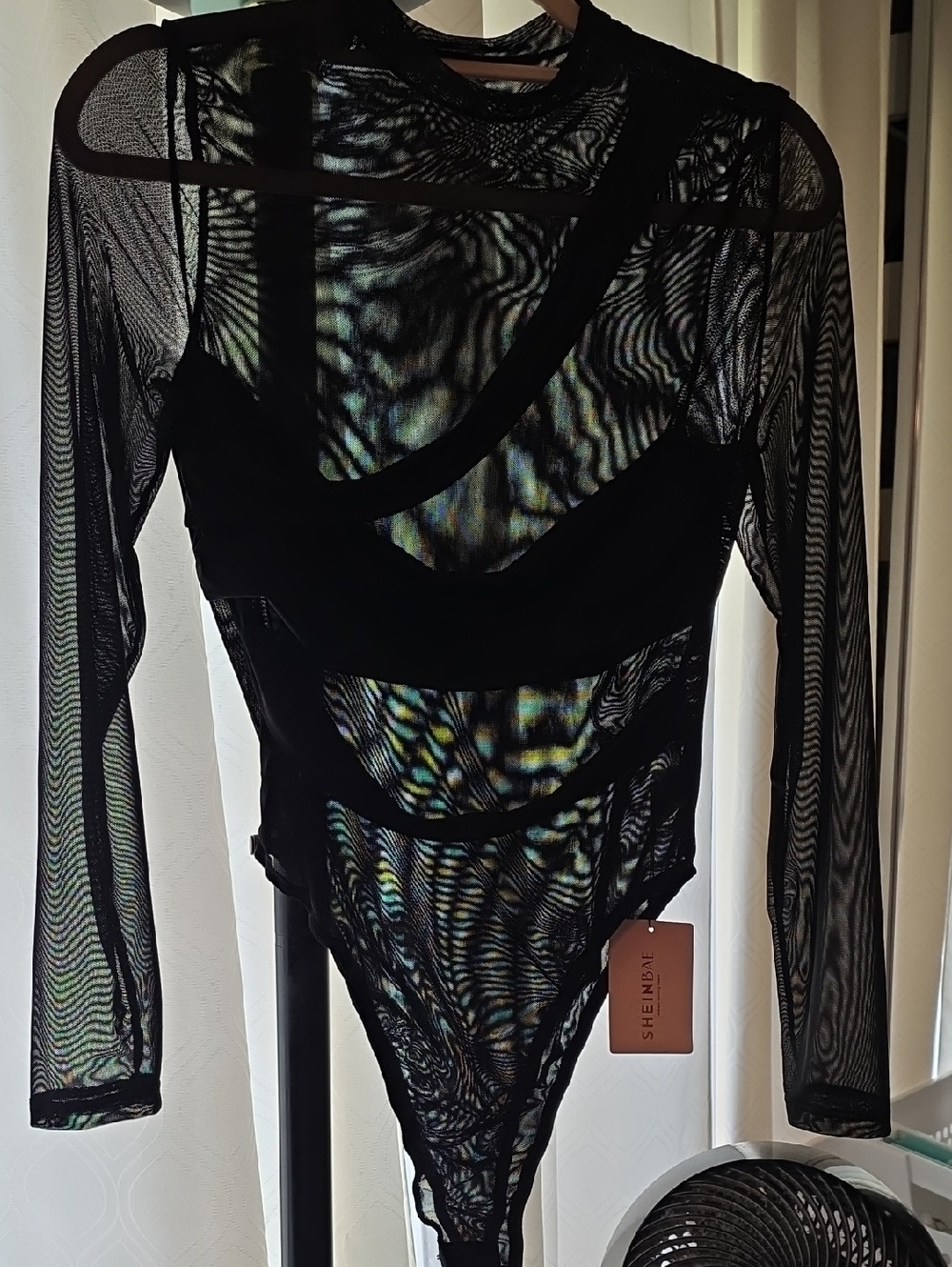 SHEIN BAE Black Long-Sleeve Sheer Mesh Bodysuit